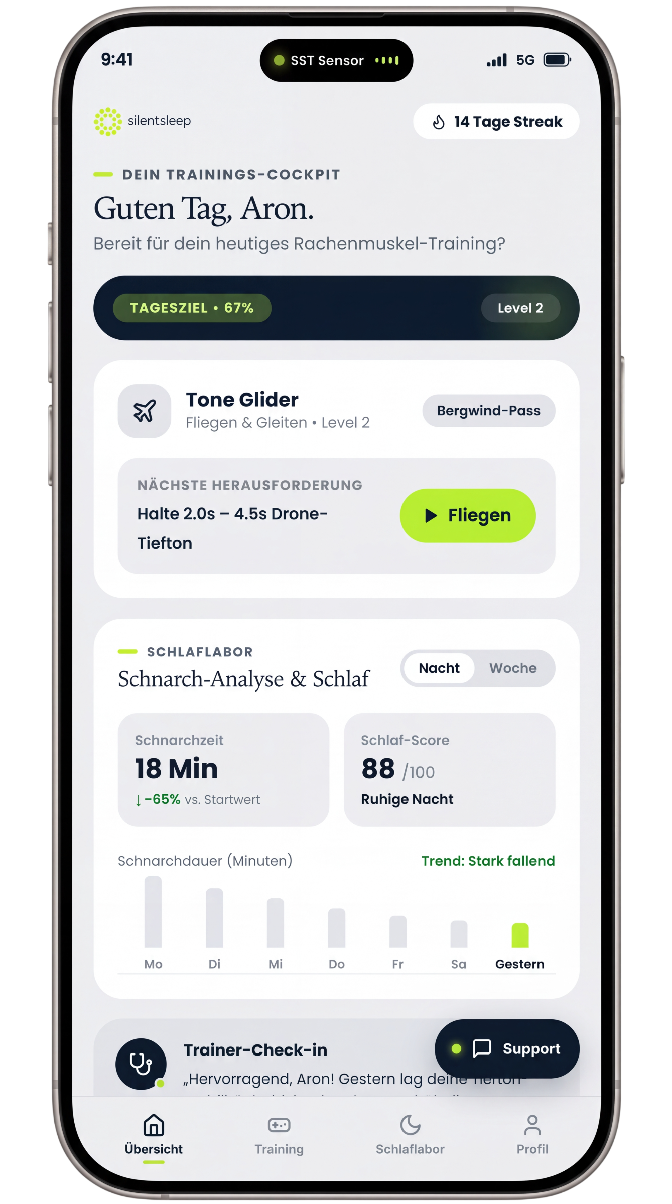 Silent Sleep Training® app training cockpit with snoring analysis