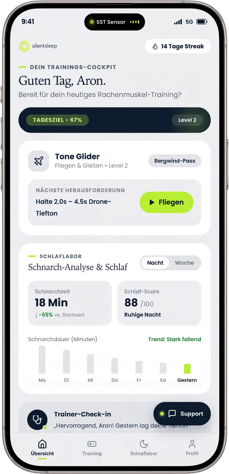 Silent Sleep Training® app training cockpit with snoring analysis
