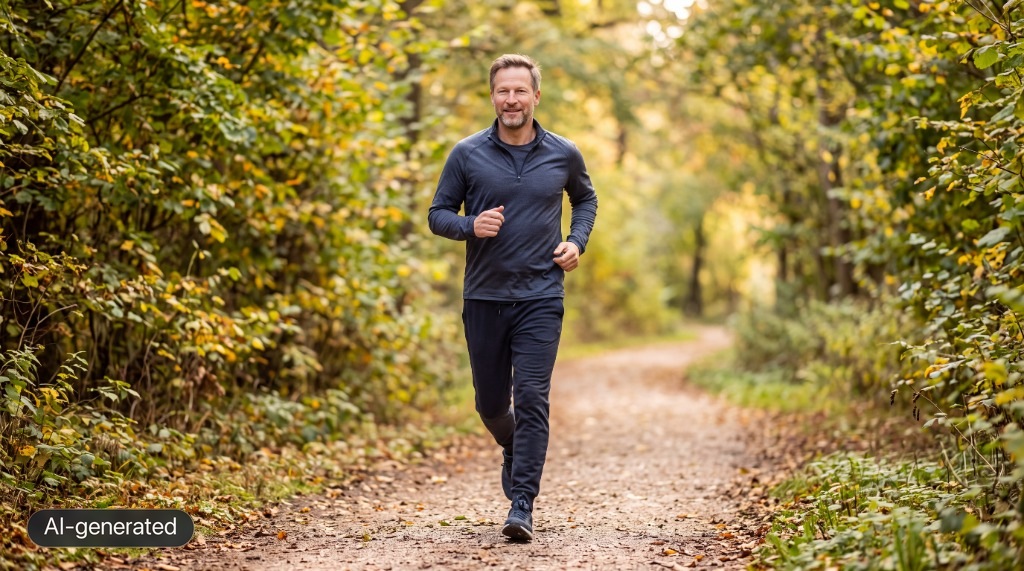 Fit man jogging with energy on a forest path