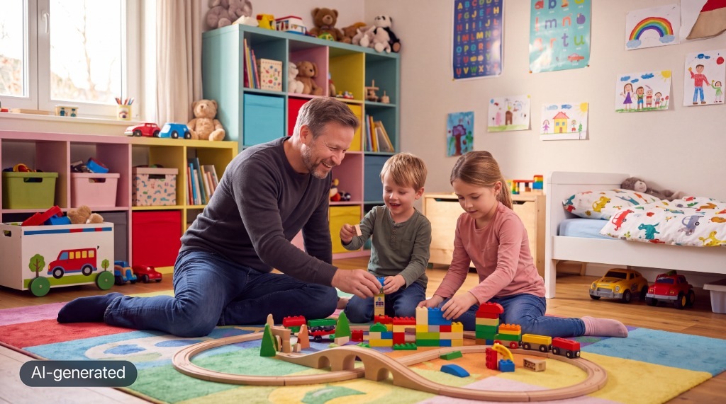 Well-rested father playing cheerfully with his children