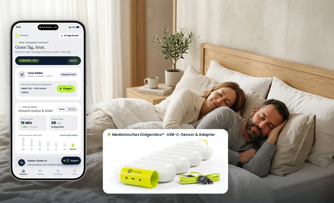 Medical Didgeridoo® with USB-C biofeedback sensor, Silent Sleep Training® app, and restful mask-free sleep for couples