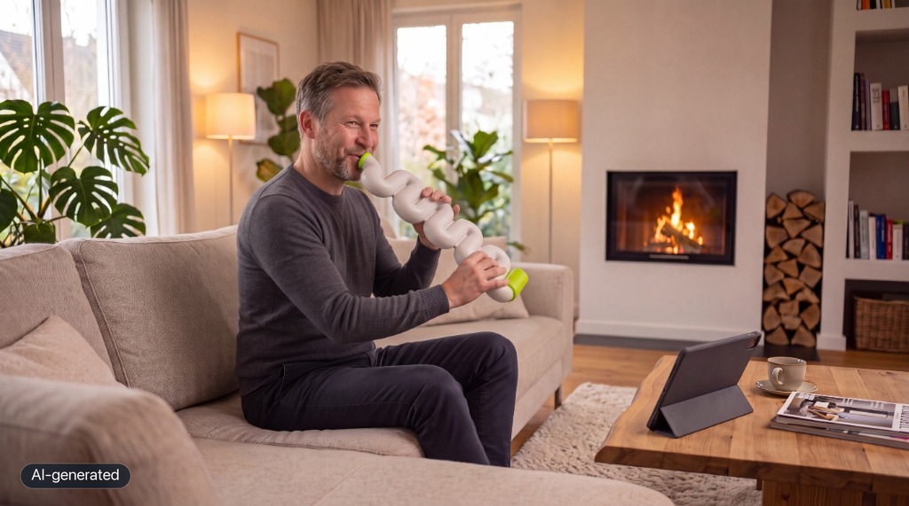 A man training relaxed with the Medical Didgeridoo® and companion app in a cozy living room